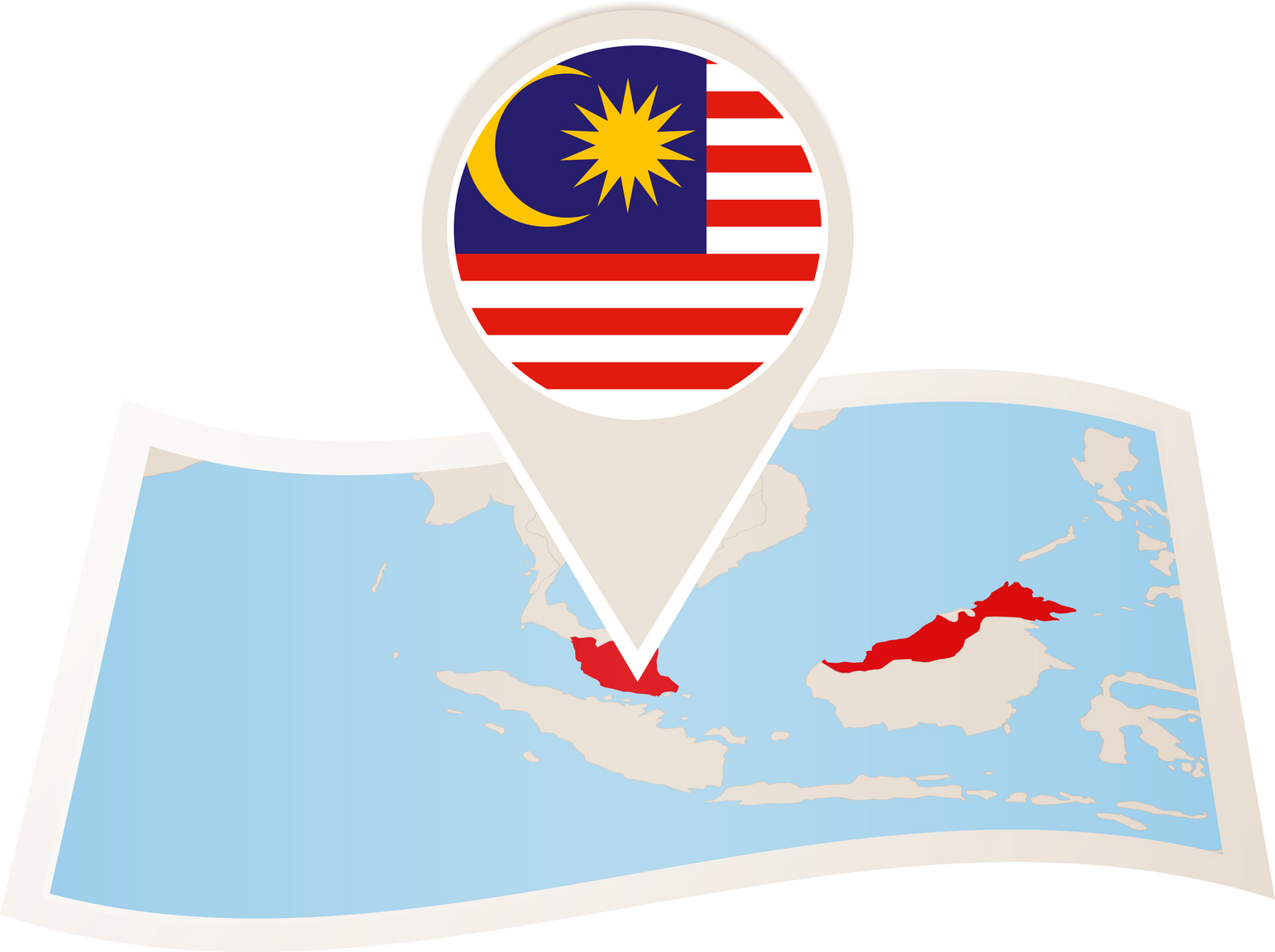 Folded paper map of Malaysia with flag pin of Malaysia.